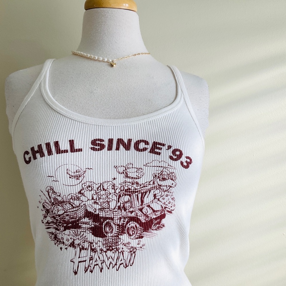 Brandy Melville White Ribbed Tank with Burgundy 'Chill Since '93' Graphic